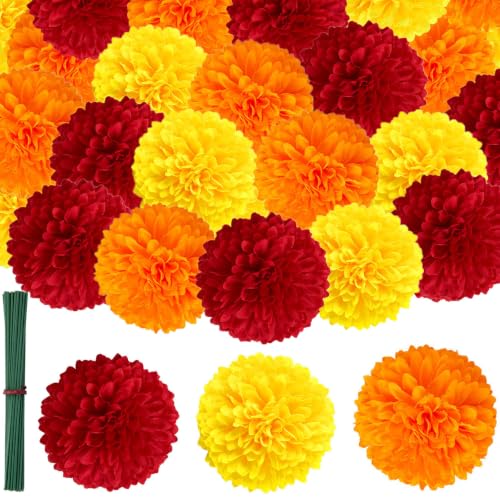 Artificial Marigold Flowers with Stems - Full & Fluffy 40 Pcs for Decor