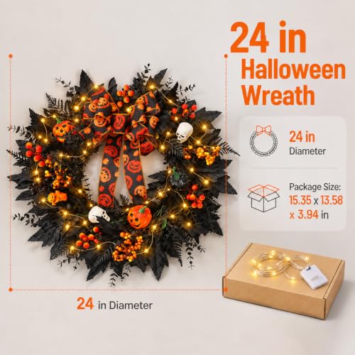 Halloween Wreath for Front Door with Pumpkin Bow - Black Skeleton Spider Web Decor