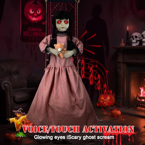 Halloween Hanging Girl Decoration with Glowing Eyes and Sound, Outdoor Haunted House Prop