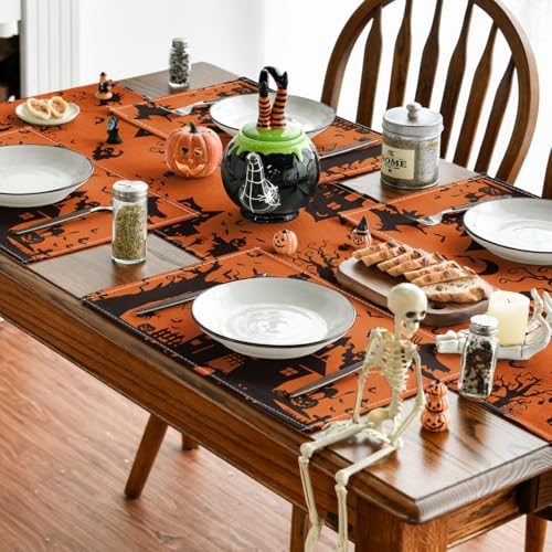 Halloween Haunted House Placemats Set of 4 - Orange Spooky Table Mats 12x18 Inch