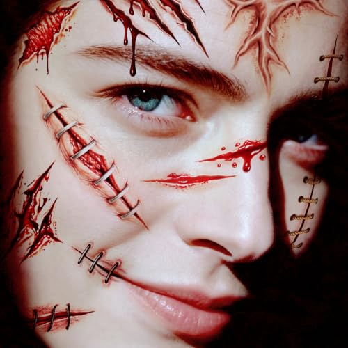 Halloween Fake Scar Tattoos for Face & Body - 18 Large Sheets, Realistic Horror Effects