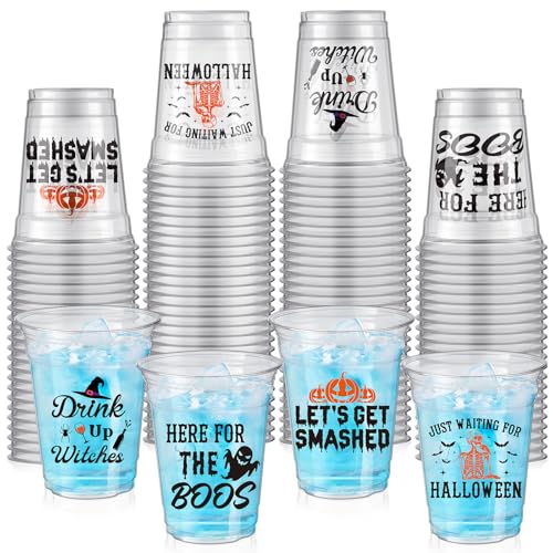 Halloween Clear Plastic Cups 12 oz - 100 Pcs Spooky Party Drinkware with Pumpkin Ghost Witch Hat Skull Pattern - Variation: Halloween