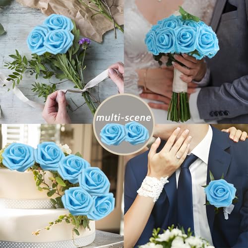 Baby Blue Realistic Roses - 50 Artificial Latex Flowers with Bendable Stems & Leaves - Wedding & DIY Decor (Variation of THIS listing: Baby Blue / 50)