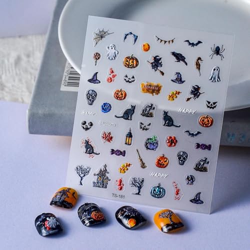 Halloween Nail Art Stickers 5D Embossed Ghost Cats Skull Witch Pumpkin Spider Nail Decals – Variation 5D-010