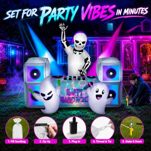 7FT Halloween Inflatable Skeleton DJ Party Yard Decoration with Multi-Color LED Lights