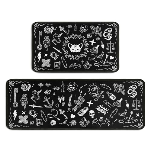 Gothic Rug Set of 2 - Black Kitchen Mats with Rubber Backing & Non-Slip - Variation: Gothic
