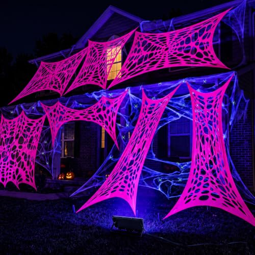 Glow in the Dark Spider Web Decoration with Mini Spiders - Fluorescent Red, 472 x 39 Inches - Halloween Outdoor Decor