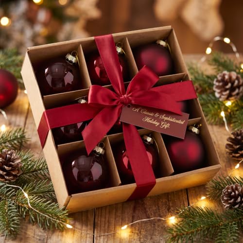 9-Piece Burgundy Glass Christmas Ornaments Set - 3.15 Inch Holiday Tree Decorations