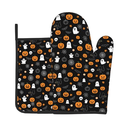 Halloween Oven Mitts & Pot Holders Set - Black Ghost Pumpkin Variation