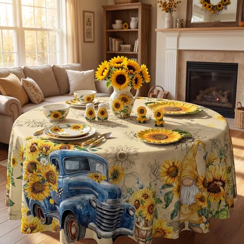 Sunflower Tablecloth 70 Inch Round - Blue Truck and Gnome Design, Washable Summer Decor