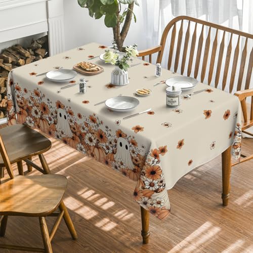 Halloween Ghost Flower Tablecloth 60 x 120 Inch Beige Rectangular Decor