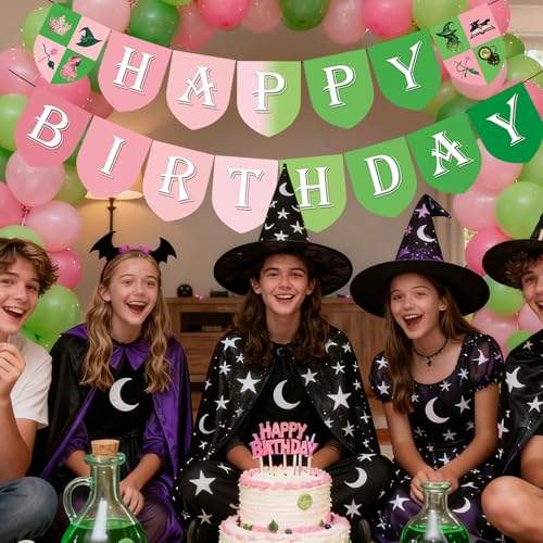 Wicked Happy Birthday Banner for Witch Theme Party Decorations - Pink & Green, Pre-Strung