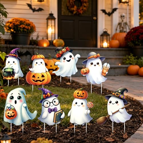 Halloween Yard Signs Decorations Pumpkin Ghost Outdoor Stakes - 8 Pack, 12x13 Inch, Variation: Pumpkin Ghost