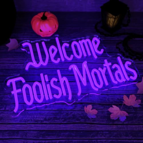 Purple Welcome Foolish Mortals Neon Sign Gothic Haunted House LED Lights - Dimmable USB