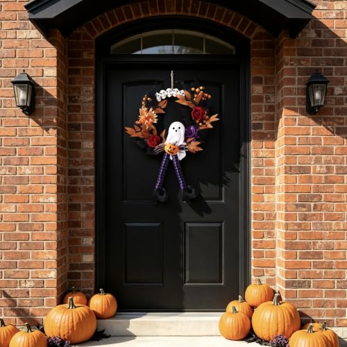 Halloween Wreath for Front Door 24.8 Inch with Witch Legs & Pumpkins - Indoor Outdoor Decor