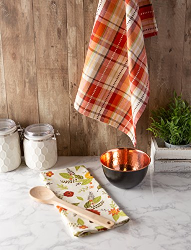 Fall Plaid Dishtowel Set - 2 Cotton Kitchen Towels 18x28 with Floral Design