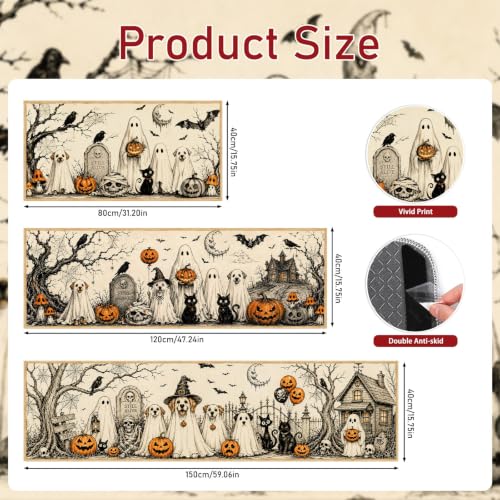 Halloween Kitchen Rug Set of 3 Spooky Ghost Dog Fall Decor Non-Slip Mats