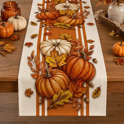 Fall Table Runner Orange Pumpkin Maple Leaf Stripes 13x36 Inch Seasonal Autumn Kitchen Decor