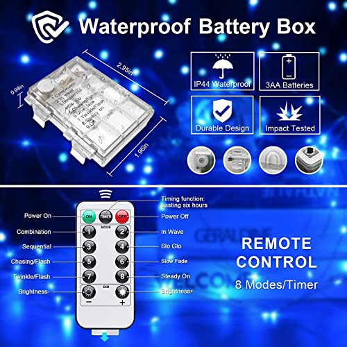 2 Pack Blue Battery Operated Fairy Lights with Remote, 200 LEDs, 66ft