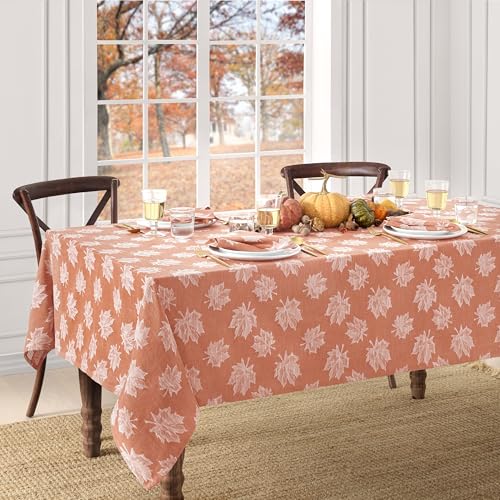 144x60 Inch Falling Leaves Jacquard Cotton Tablecloth - Sienna