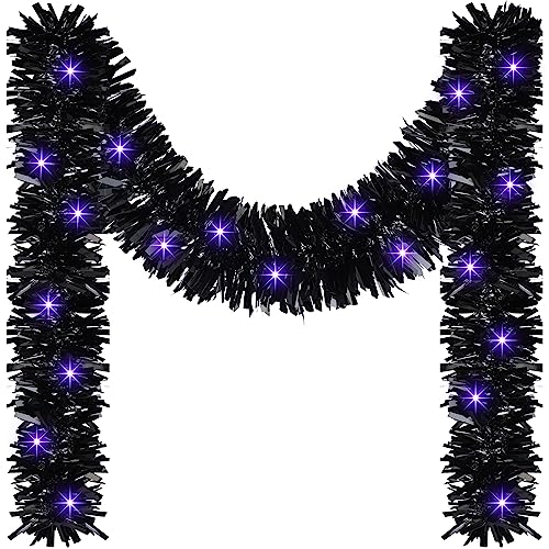 Halloween Tinsel Garland with 50 LED Lights, Black and Purple, 16.4ft Decor