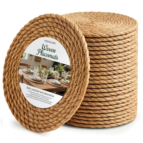 24 Pcs Round Woven Placemats - Natural Water Hyacinth & Straw Table Mats