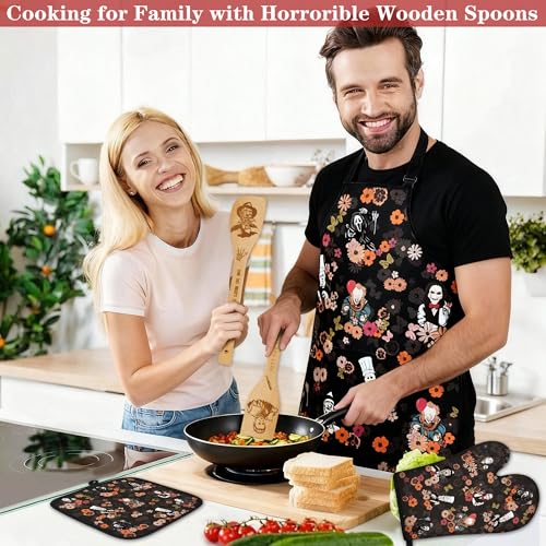 Horror-Themed Bamboo Cooking Utensils Set with Oven Mitts & Apron - Spooky Kitchen Accessories
