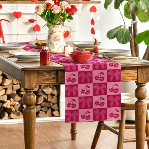 Cherry Bowknot Table Runner 13x60 Inch Pink Red Valentine Home Decor