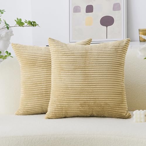 24x24 Inch Taupe Pillow Shams Set of 2 - Striped Corduroy Velvet European Throw Pillowcases for Bed Decor