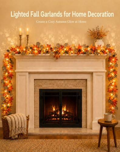 Fall Garland with 35 Warm LED Lights - Autumn Decor for Indoor & Outdoor