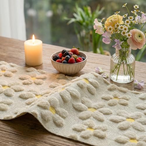 Beige Soft Plush Faux Fur Jacquard Daisy Table Runner - 13 x 72 Inches