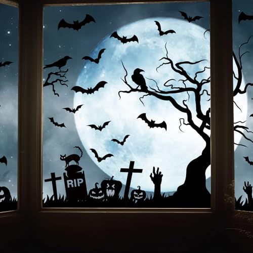 Halloween Window Clings Stickers Set - Tombstone Cross Bats Reusable Decor
