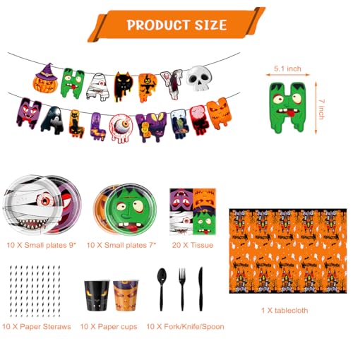 Halloween Party Supplies Set - Monster, Pumpkin & Vampire Theme - Disposable Tableware & Decorations