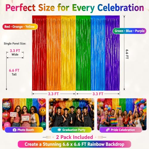 Rainbow Foil Fringe Curtains - 3.2 x 6.56 ft Party Backdrop & Decorations - Pack of 2