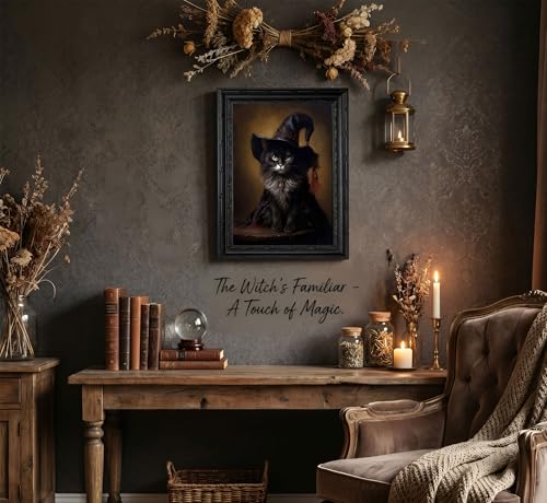 Black Framed Halloween Black Cat Wall Art Gothic Witch Cat Portrait Canvas Decor 11x9