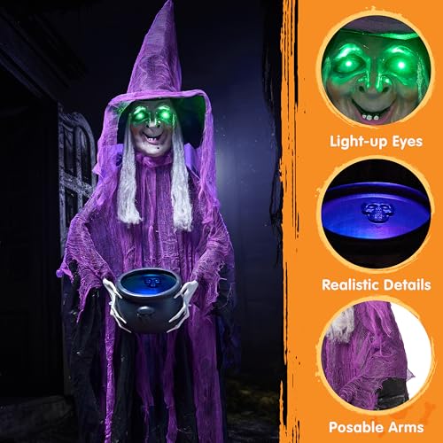 Fuchsia Halloween Standing Witch with Cauldron - Scary Ghost Decor with Sound & Lights