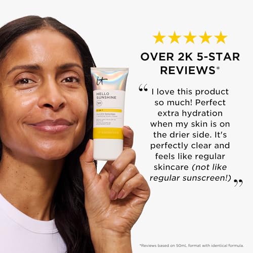 IT Cosmetics Hello Sunshine Invisible Sunscreen for Face SPF 50 - Sunscreen, Hydrating Serum & Makeup Primer - 1% Pro-Vitamin B5 & Hyaluronic Acid - HSA/FSA Eligible - No White Cast - 1.69 fl oz
