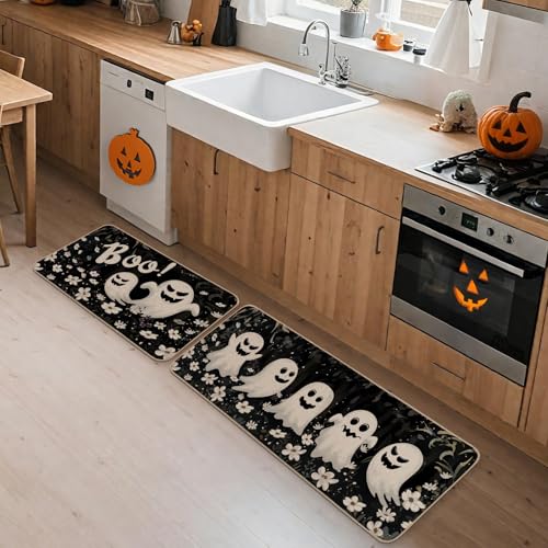 Halloween Ghost Kitchen Rugs Set of 2 - Black, 17x29 & 17x47 Inch