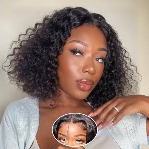 Kerberey Glueless Wigs Human Hair Pre Plucked Pre Cut Wear and Go Bob Wig Human Hair Deep Wave Wigs 5x5 HD Lace Closure Curly Wigs for Black Women Lace Front Glueless Wigs Human Hair 8Inch