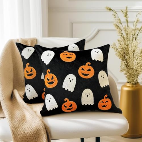 Halloween Fall Ghost Throw Pillow Covers 18x18 Set of 2 - Black & Pumpkin