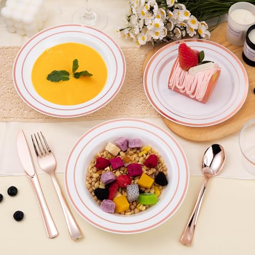 50 Pack Disposable Soup Bowls with Rose Gold Rim - Heavy Duty Plastic, 12oz