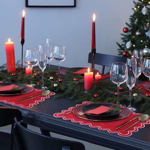 12-Pack Linen Placemats Set - Red, 13x19-inch Wavy Embroidered, Double Layer