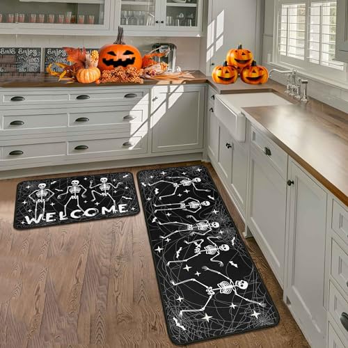 Halloween Kitchen Rugs Set of 2 with Non Slip Backing - Spooky Ghosts & Pumpkins, Black, 17x47.2 + 17x30 Inches