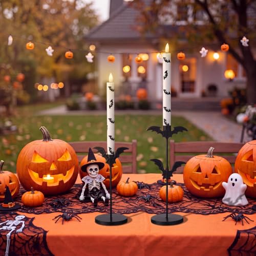 Halloween Bat Flameless Candles Set with Remote Timer - Gothic LED Tapers for Spooky Decor