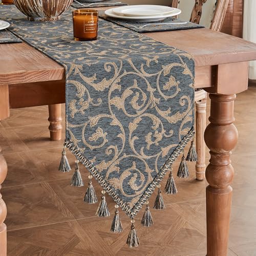 Chenille Damask Table Runner 72 Inch Blue-Grey & Khaki Variation of THIS listing