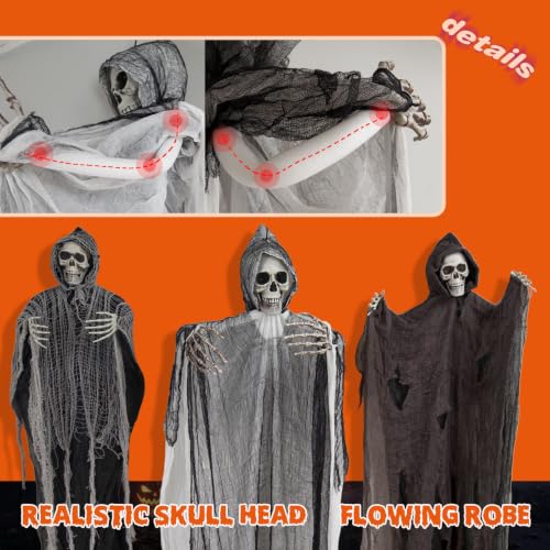 Hanging Skeleton Ghost Decorations Set with Adjustable Arms - Hat Variation