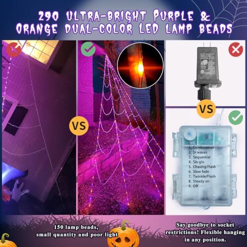 Halloween Spider Web Lights 17FT Giant Net with 290 LEDs & 8 Modes - Purple & Orange Variation