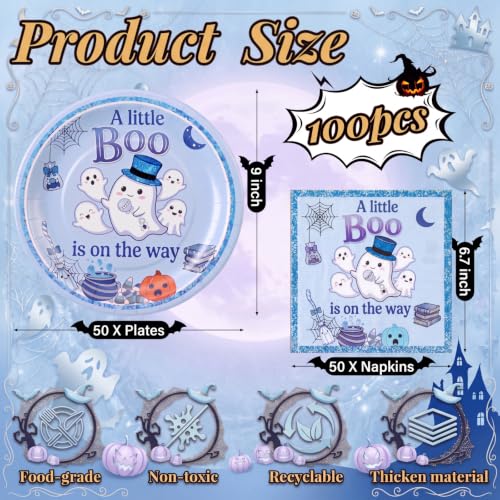 Halloween Paper Plates and Napkins Set - Boo Theme, 100 Pcs Disposable Party Supplies