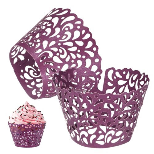 Dark Purple 50-Pack Cupcake Wrappers with Water Drop Lace Design for Weddings & Parties