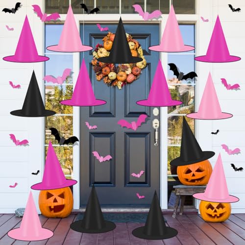 Halloween Witch Hats Set - Black and Pink Hanging Porch Yard Decor